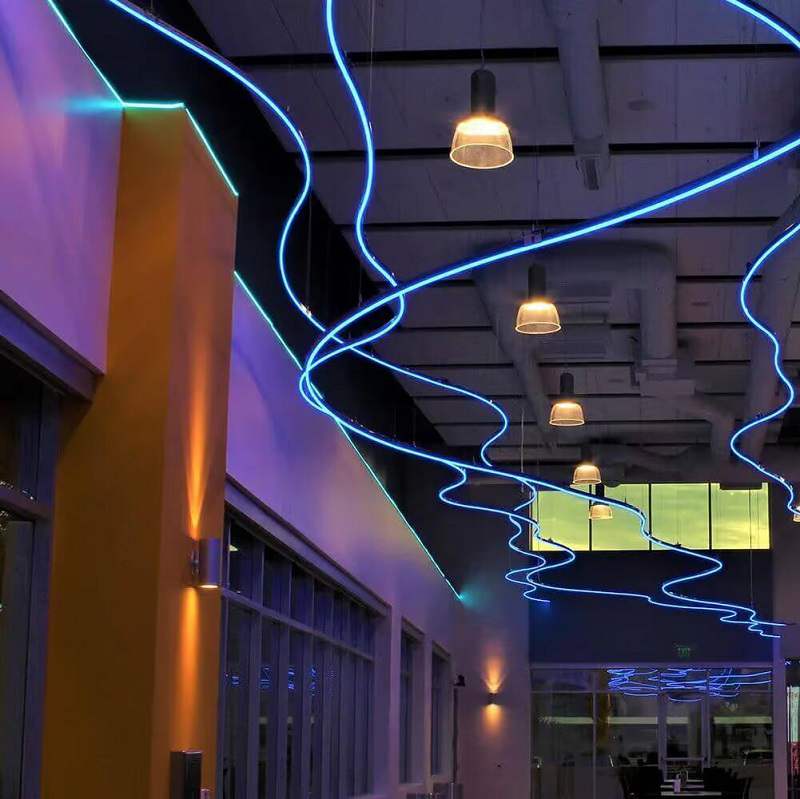 Blue LED neon flex ceiling lighting for a commercial interior